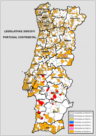 Alterações relativamente aos partidos vencedores por freguesia entre 2009 e 2011.